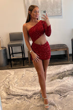 Red One Shoulder Sequins Cut-Out Homecoming Dress