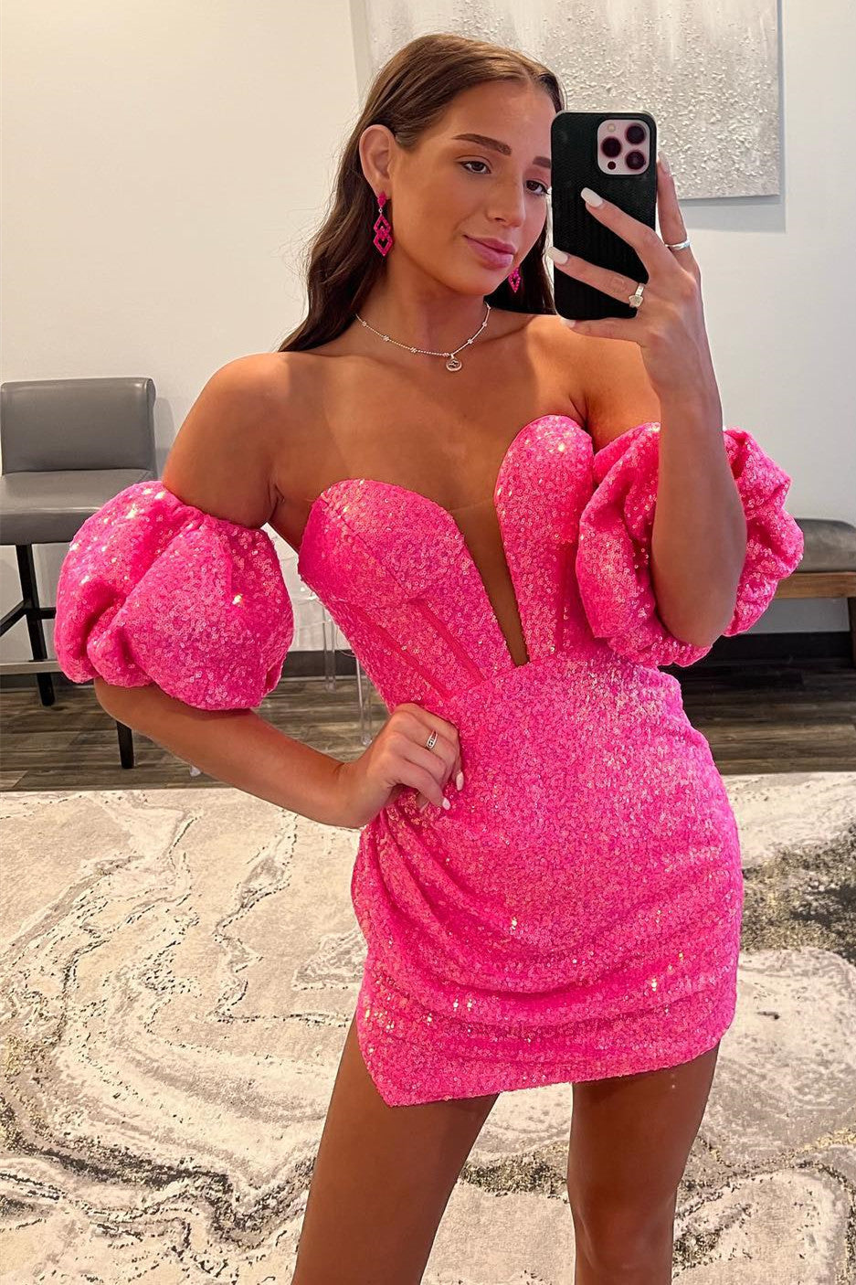 Hot Pink Strapless Sequins Homecoming Dress with Detachable Sleeves