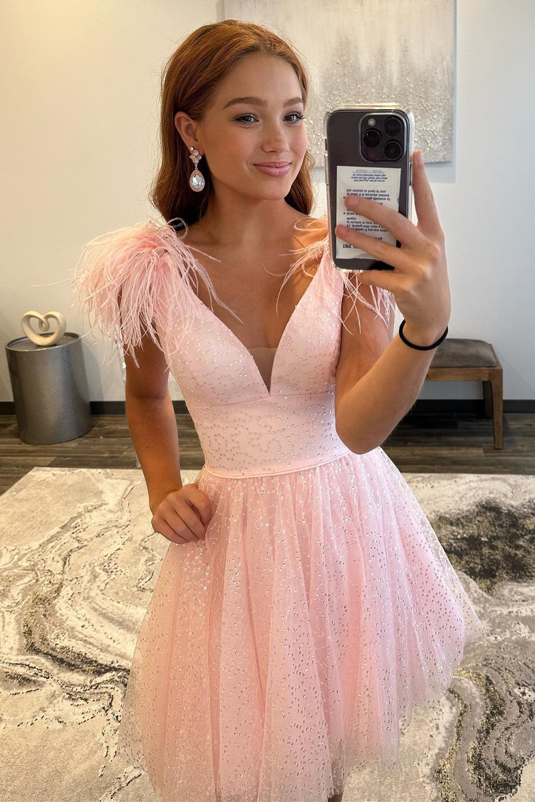 Pink A-line Tulle Deep V Neck Beaded Homecoming Dress with Feathers