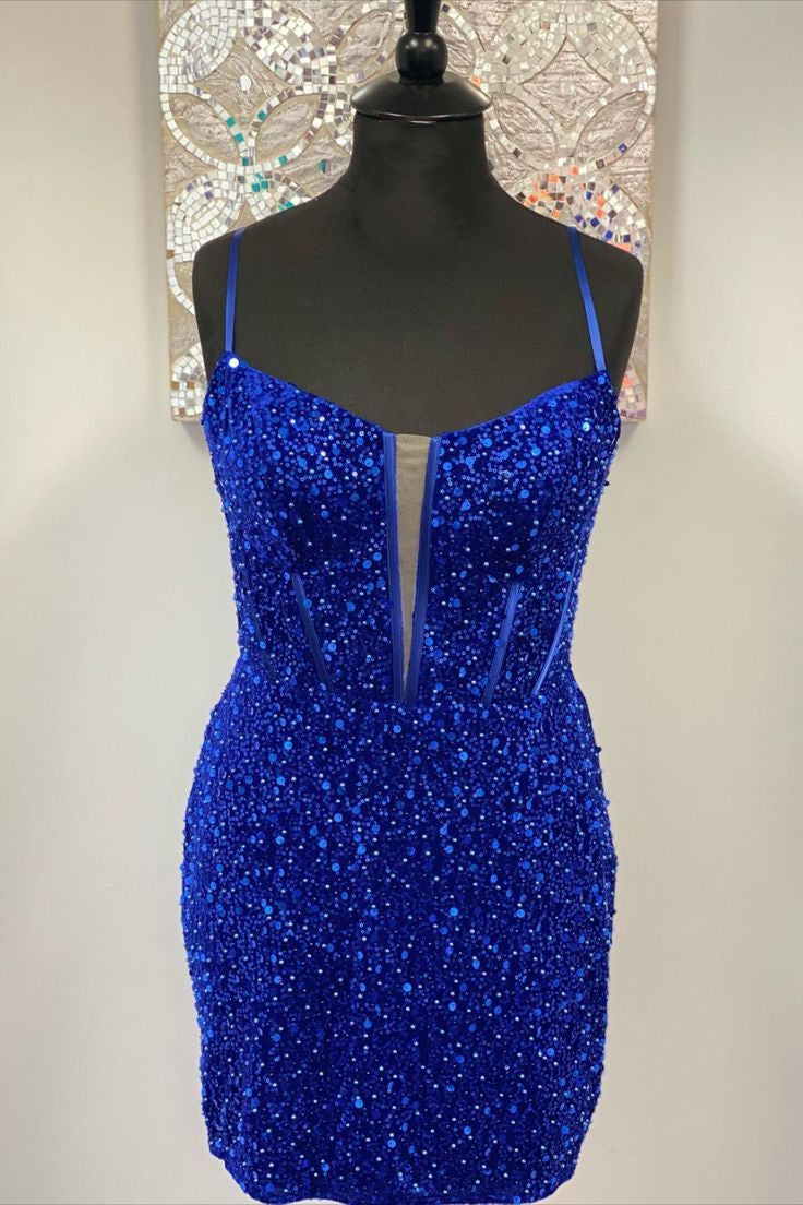 Straps Royal Blue Sequins Bodycon Dress FancyVestido