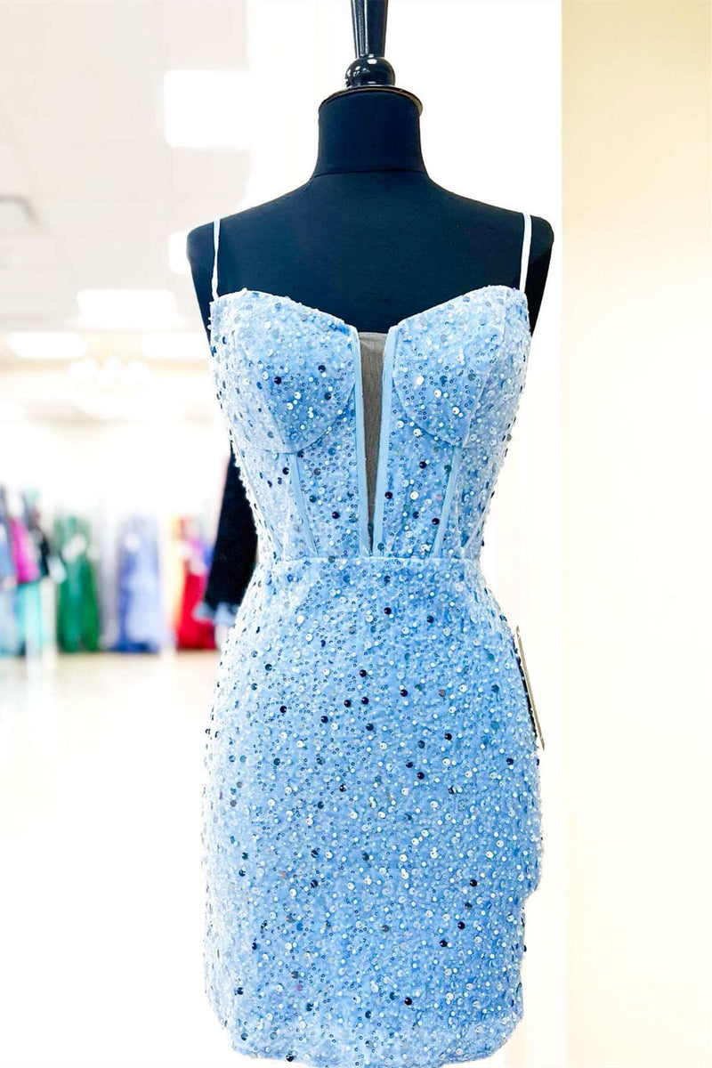 Royal Blue Sequins V-Neck Bodycon Homecoming Dress with Beaded main image 1