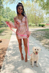 Sparkle Fuchsia V-Neck Short Homecoming Dress with Feather Long Sleeves