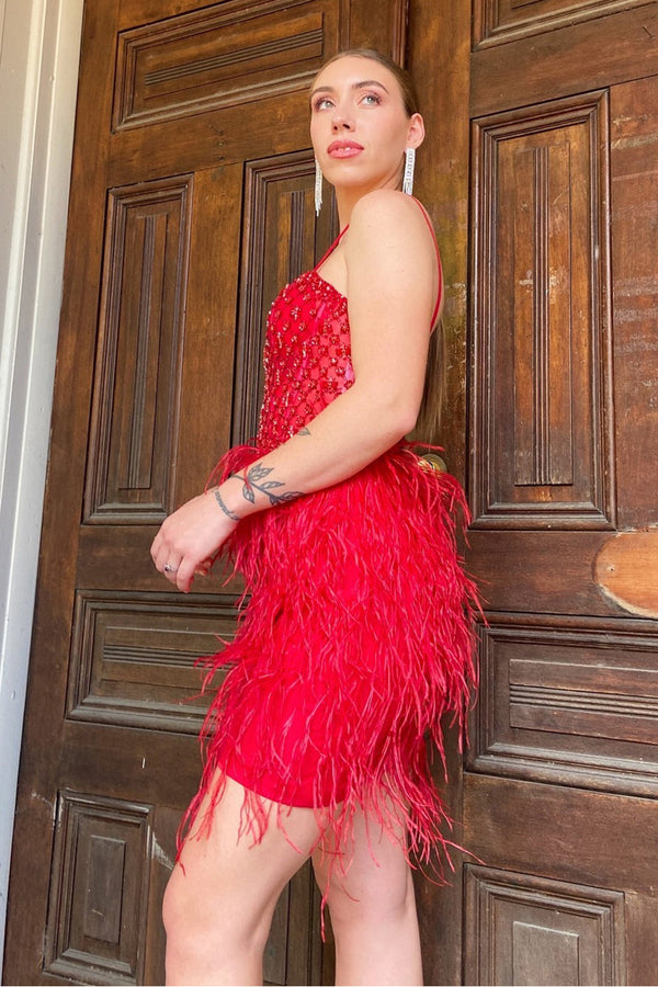 Purple Straps Beaded Short Homecoming Dress with Feathers