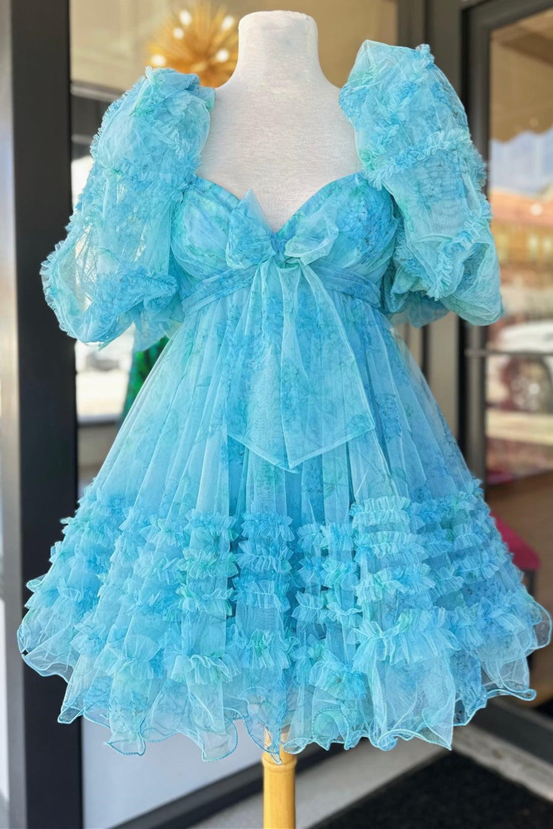 Blue Floral Print Short Baby Doll Homecoming Dress with Balloon Sleeve FancyVestido Blue Floral Print Short Baby Doll Homecoming Dress with Balloon Sleeve FancyVestido