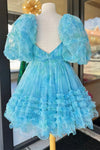 Blue Floral Print Short Baby Doll Homecoming Dress with Balloon Sleeves