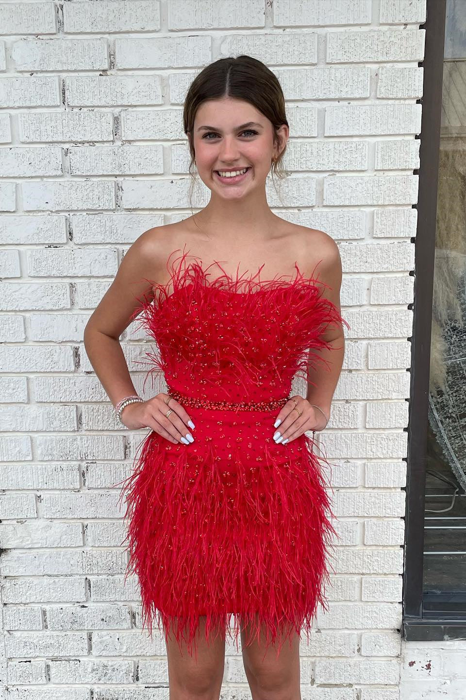 Strapless Blue Feathers Tight Homecoming Dress with Beaded Belt