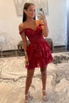Red Off the Shoulder Sheer Corset Tiered Ruffles Homecoming Dress