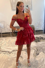 Red Off the Shoulder Sheer Corset Tiered Ruffles Homecoming Dress