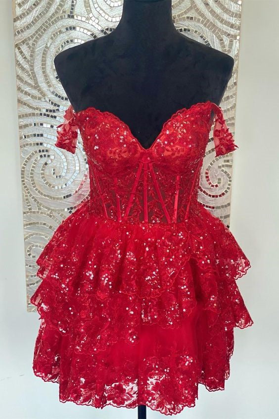 Sweetheart Red Lace Corset Tiered Short Homecoming Dress – FancyVestido