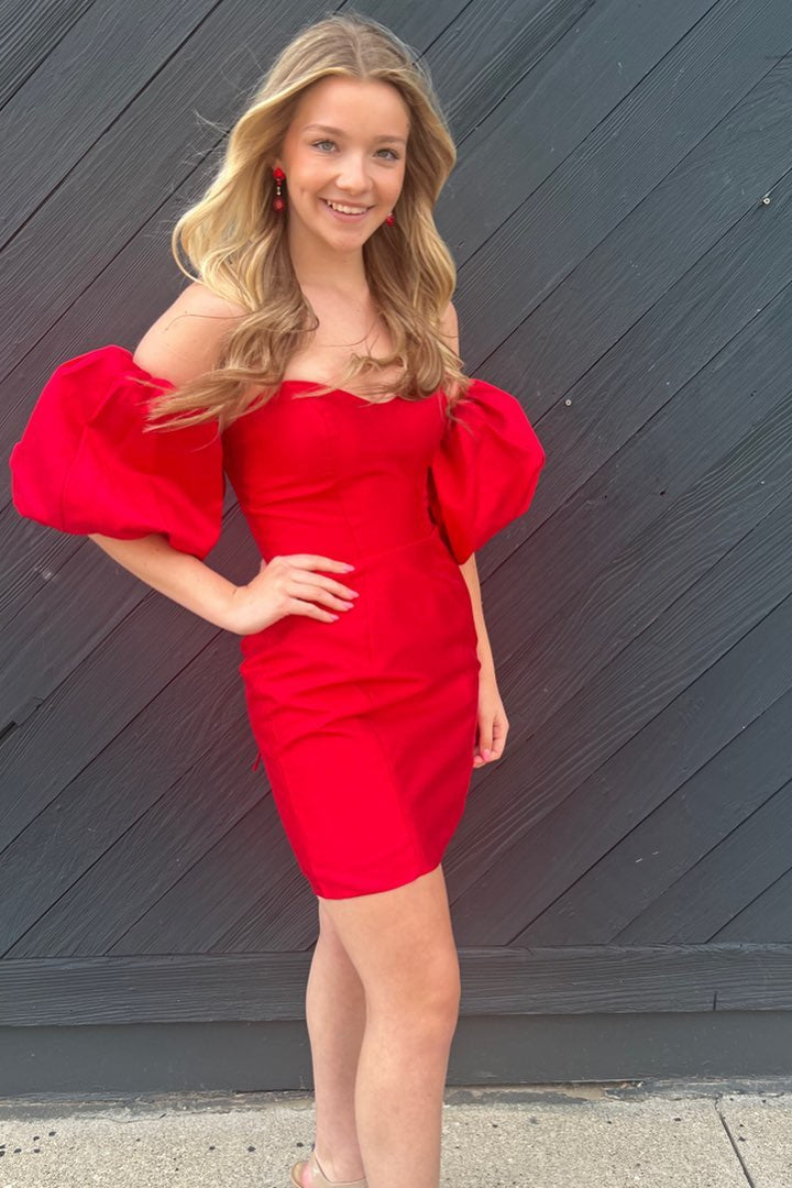 slim fit dress slacks Strapless Red Satin Short Homecoming Dress with Balloon Sleeves –  FancyVestido
