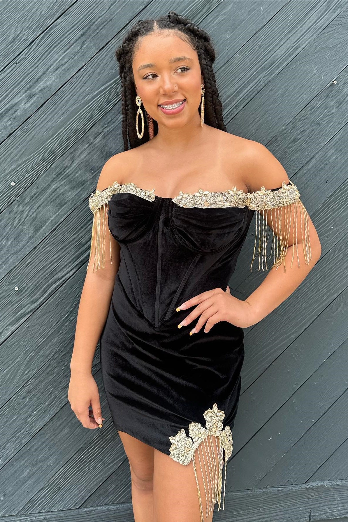 Off the Shoulder Black Corset Beaded Velvet Short Homecoming Dress