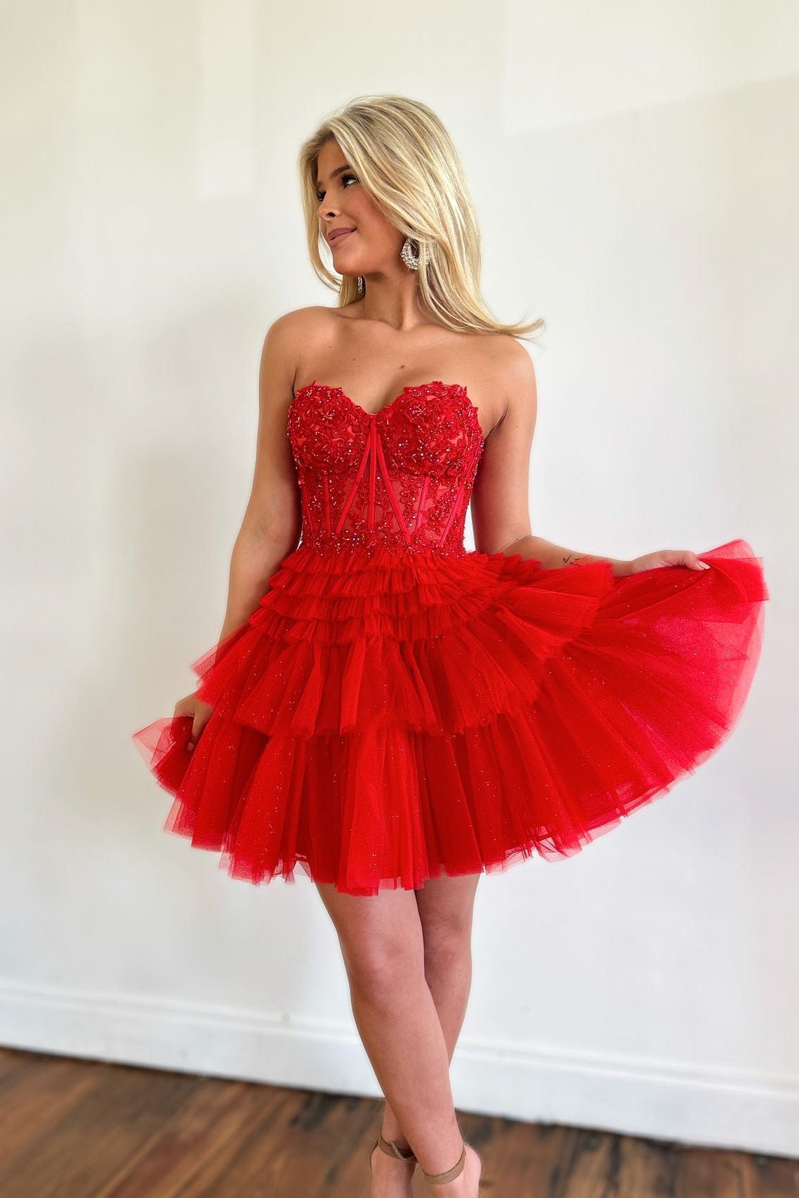 Red Satin Homecoming Dress Sweetheart Neck Tiered Short Graduation Dresses main image 1