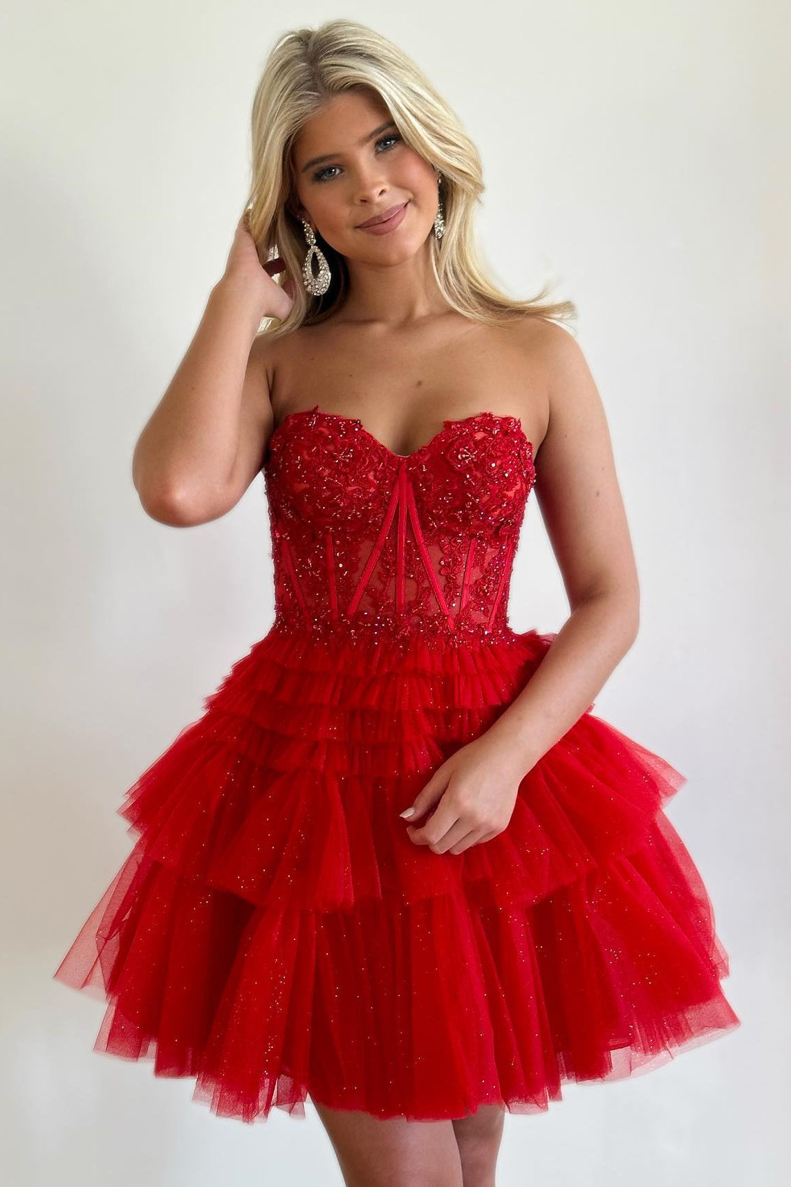 Sweetheart Red Lace Corset Tiered Short Homecoming Dress FancyVestido Sweetheart Red Lace Corset Tiered Short Homecoming Dress FancyVestido