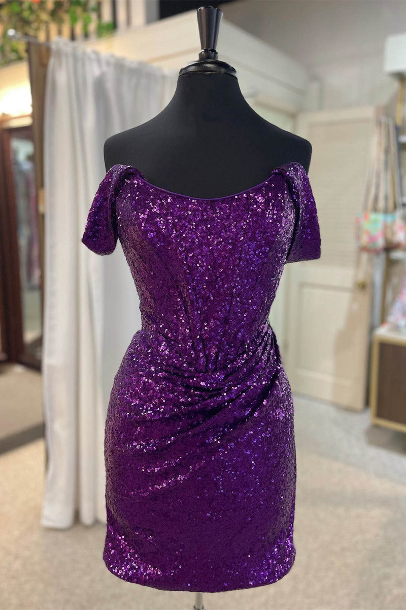 Fitted Off the Shoulder Fuchsia Sequined Mini Homecoming Dress