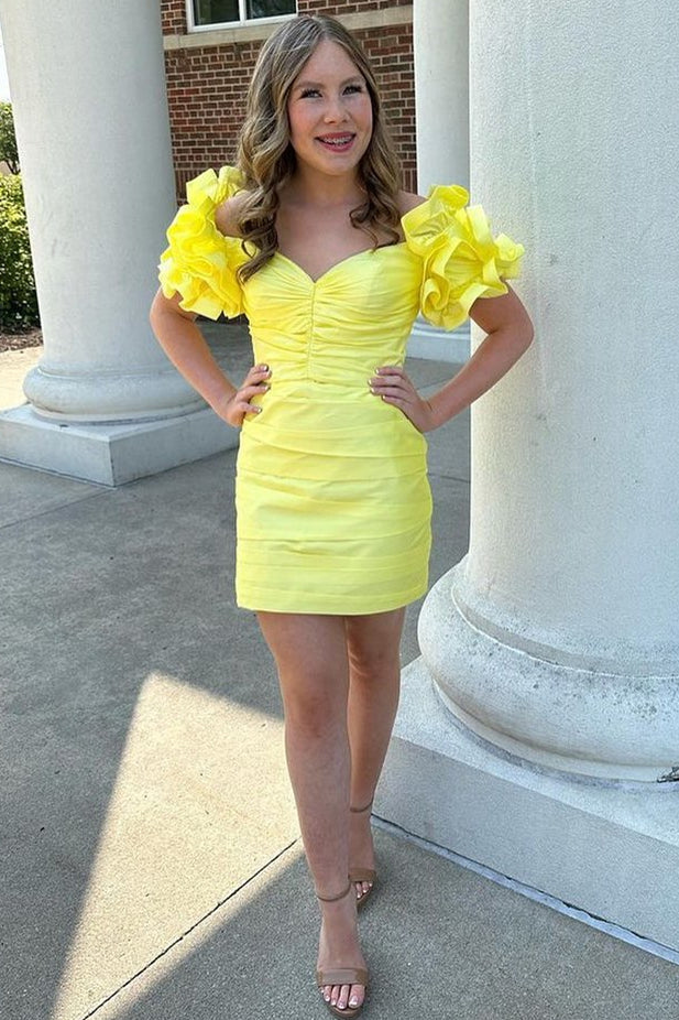 Yellow Off-the-Shoulder Ruffles Tight Homecoming Dress