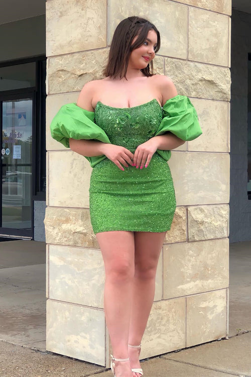 Green Strapless Appliques Beaded Homecoming Dress with Detachable Sleeves