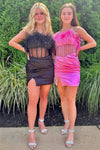 Black & Hot Pink Strapless Sheath Pleated Homecoming Dress with Feathers