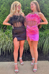 Black & Hot Pink Strapless Sheath Pleated Homecoming Dress with Feathers