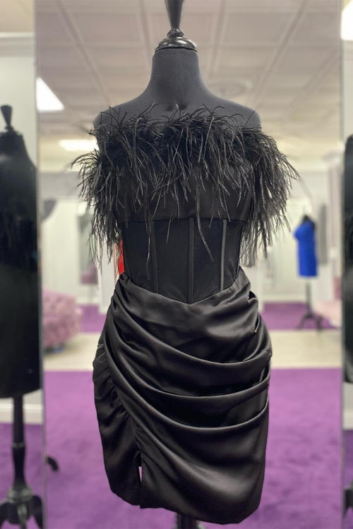 Black Strapless Sheath Pleated Homecoming Dress with Feathers