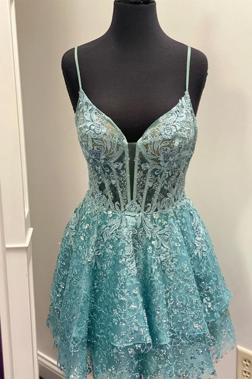 Sky Blue Plunging V Neck Straps Multi-Layers Appliques Homecoming Dress