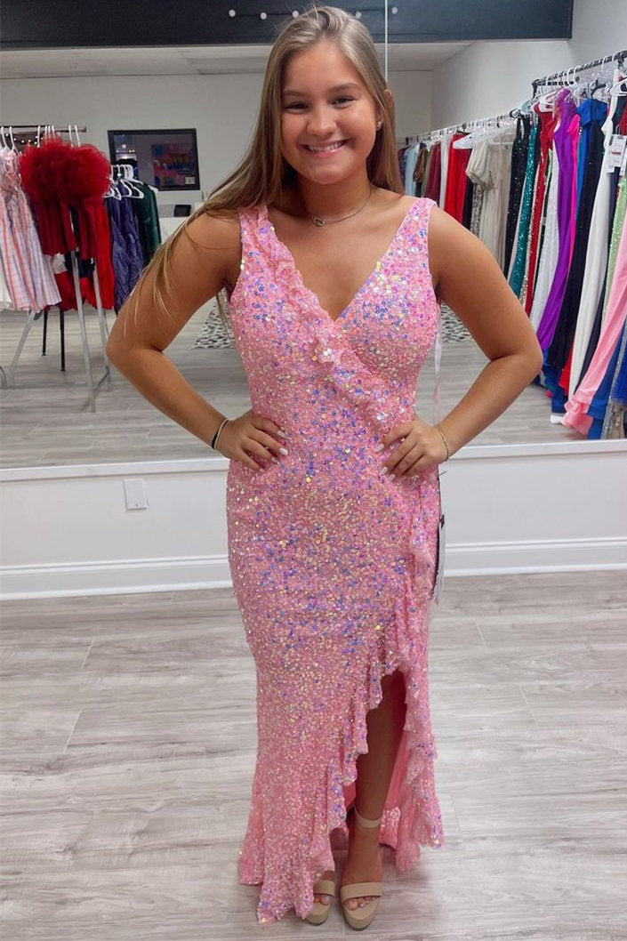 Iridescent Pink Ruffled V-Neck Sequin Long Party Dress FancyVestido Iridescent Pink Ruffled V-Neck Sequin Long Party Dress FancyVestido