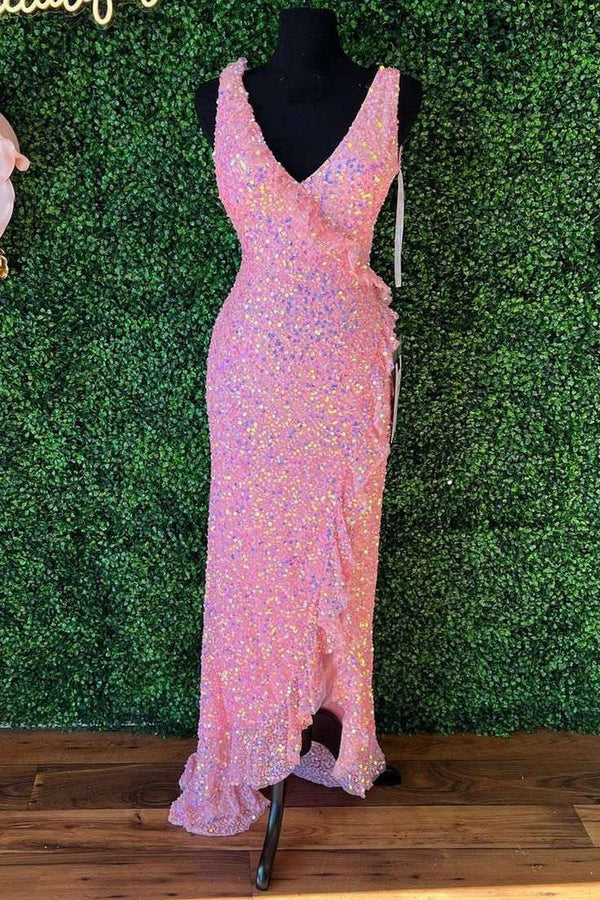 Iridescent Pink Ruffled V-Neck Sequin Long Party Dress
