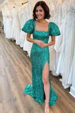 Square Neck Emerald Green Sequin Mermaid Prom Dress