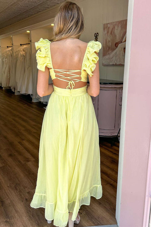 Lace-Up Yellow Plinging V-Neck A-Line Prom Dress