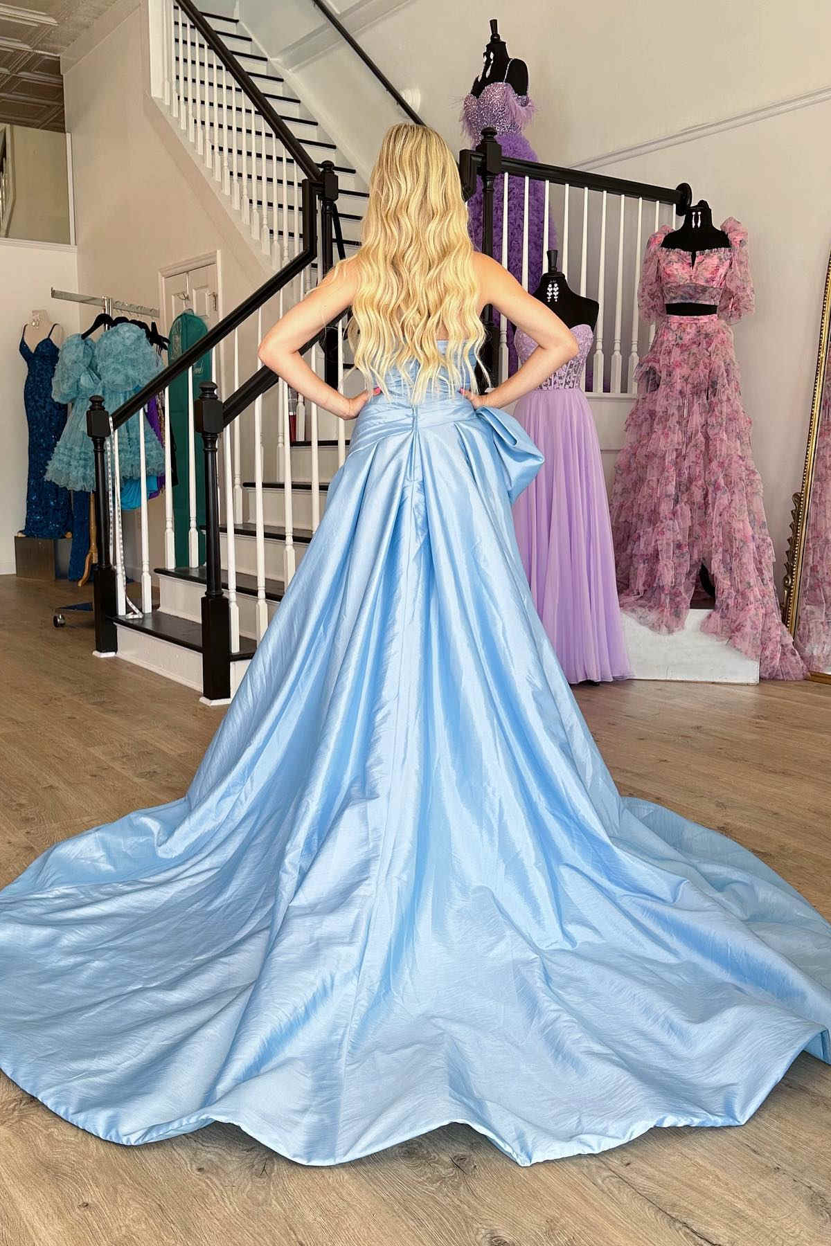 A-Line Strapless Light Blue Satin Long Prom Dress with Bow FancyVestido A-Line Strapless Light Blue Satin Long Prom Dress with Bow FancyVestido