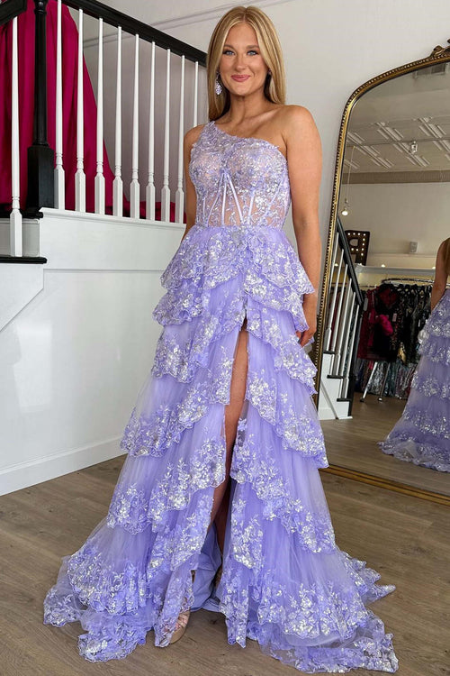 Lavender One Shoulder A-Line Layered Long Prom Dress with Sequin