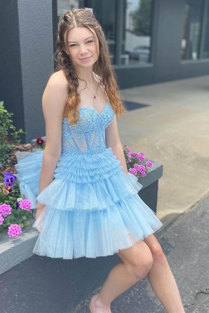 Sweet Pink Strapless Appliques Homecoming Dress A Line Short Prom Dress main image 1