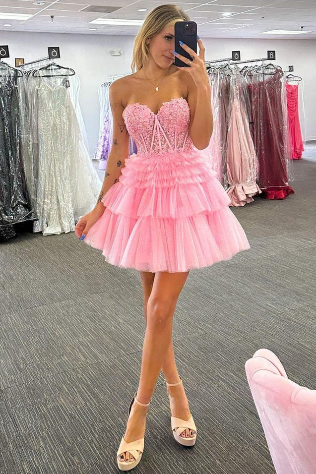 Pink Appliques Strapless A-line Multi-Layers Homecoming Dress FancyVestido Pink Appliques Strapless A-line Multi-Layers Homecoming Dress FancyVestido