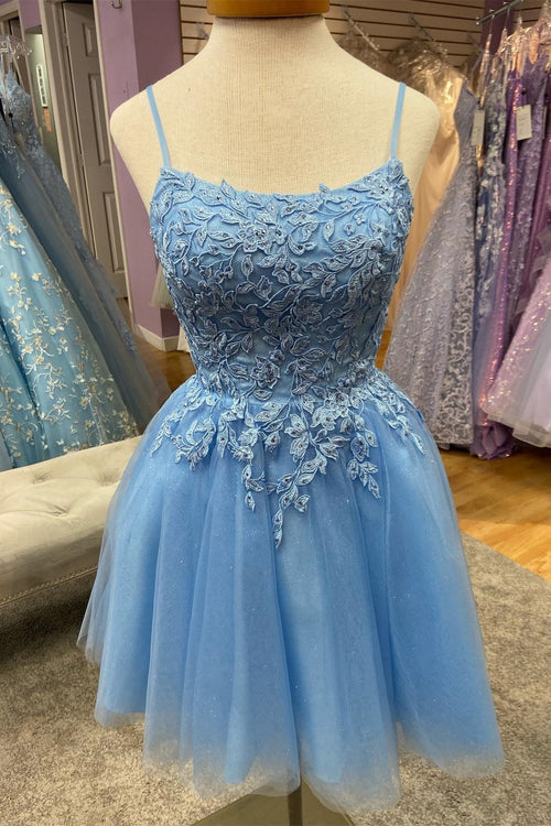 Blue Appliques Straps A-line Tulle Homecoming Dress