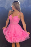 Hot Pink Plunging V Neck Straps A-line Ruffles Homecoming Dress