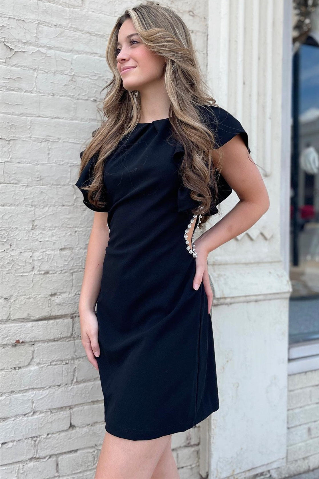 Black Flaunt Sleeves Sheath Cut-Out Beaded Homecoming Dress  FancyVestido