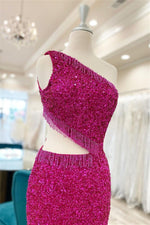 Fuchsia One Shoulder Lace-Up Sequins Homecoming Dress with Tassels