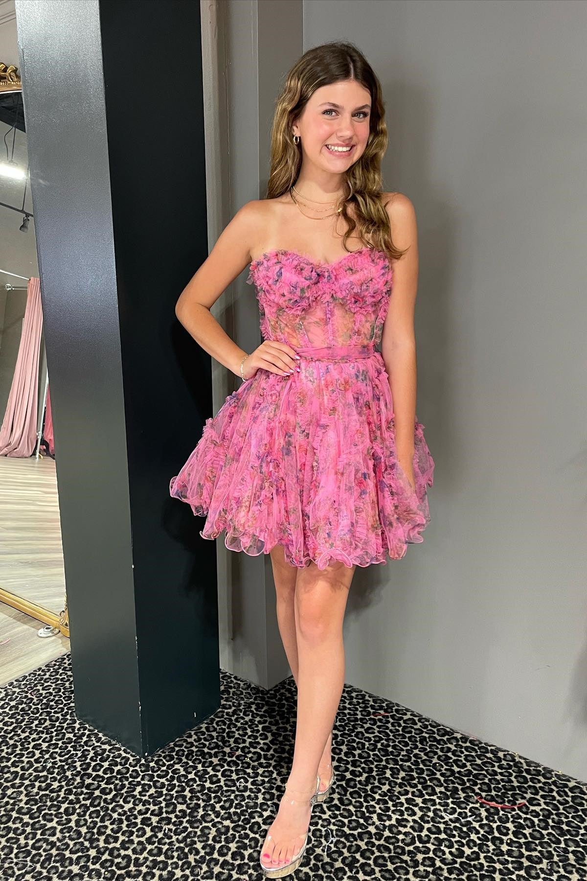 Hot Pink Strapless Ruffles A-line Homecoming Dress