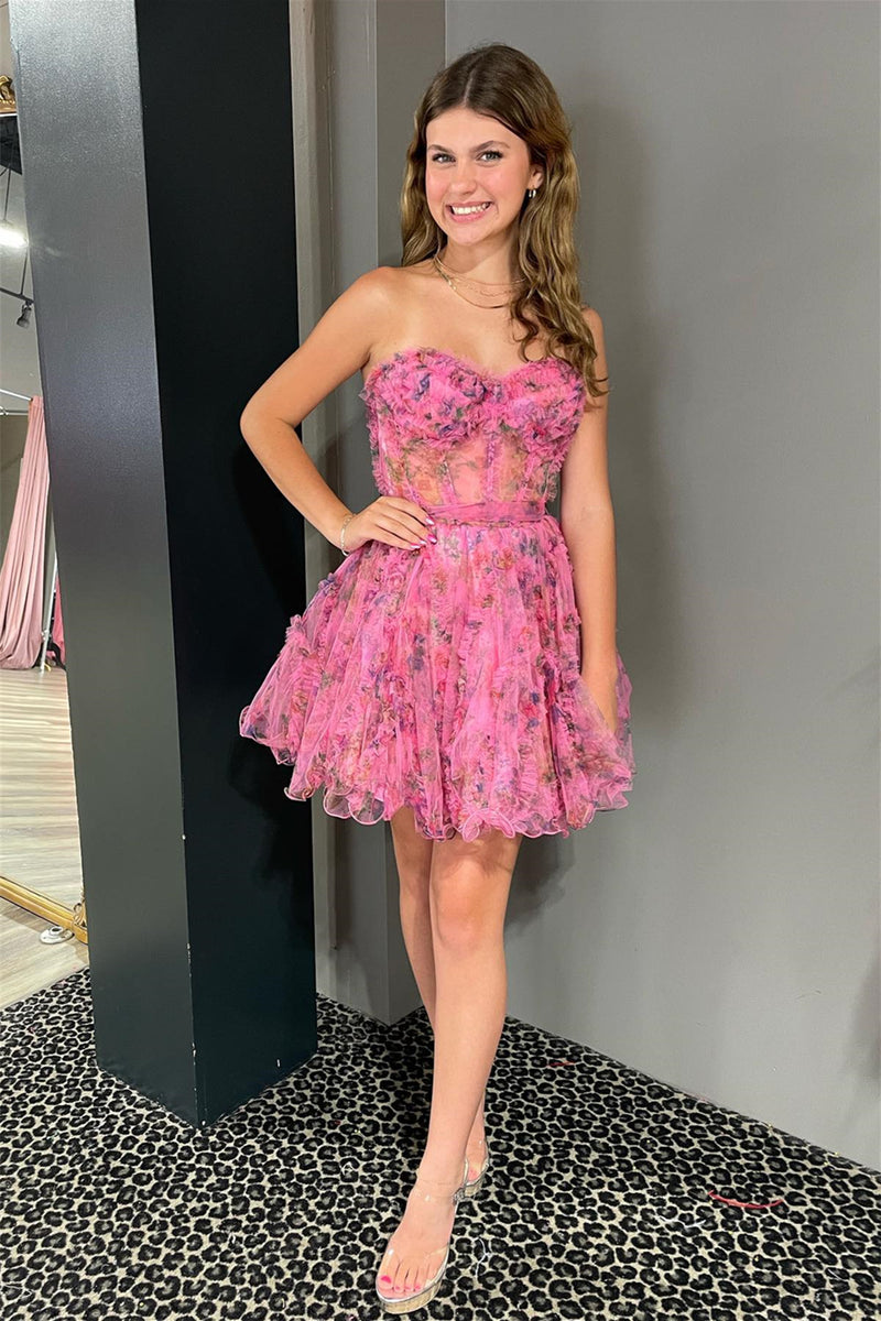 Hot Pink Strapless Ruffles A-line Homecoming Dress