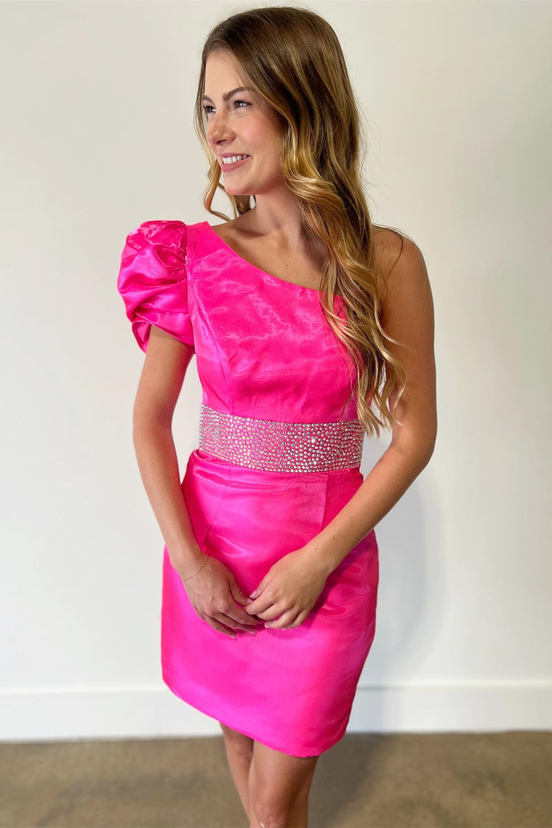 Fuchsia One Shoulder Satin Sheath Beaded Homecoming Dress