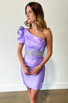 Lavender One Shoulder Satin Sheath Beaded Homecoming Dress