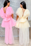 Pink & Beige A-line Plunging V Neck Flaunt Sleeves Homecoming Dress with Train