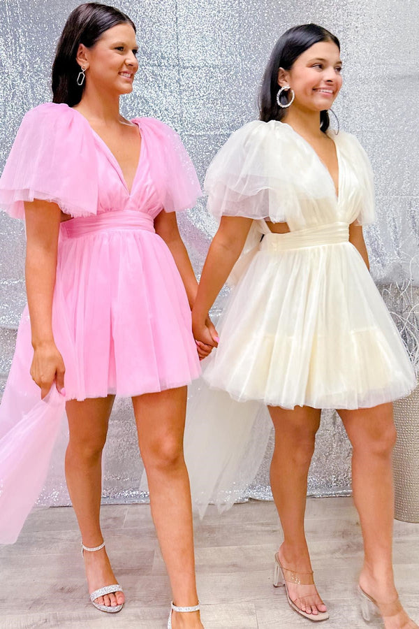 Pink & Beige A-line Plunging V Neck Flaunt Sleeves Homecoming Dress with Train