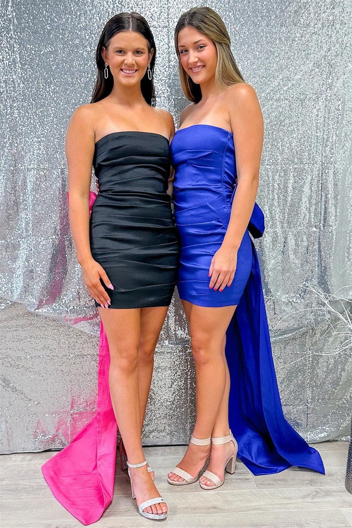 Black Strapless Bodycon Homecoming Dress with Fuchsia Bow FancyVestido Black Strapless Bodycon Homecoming Dress with Fuchsia Bow FancyVestido