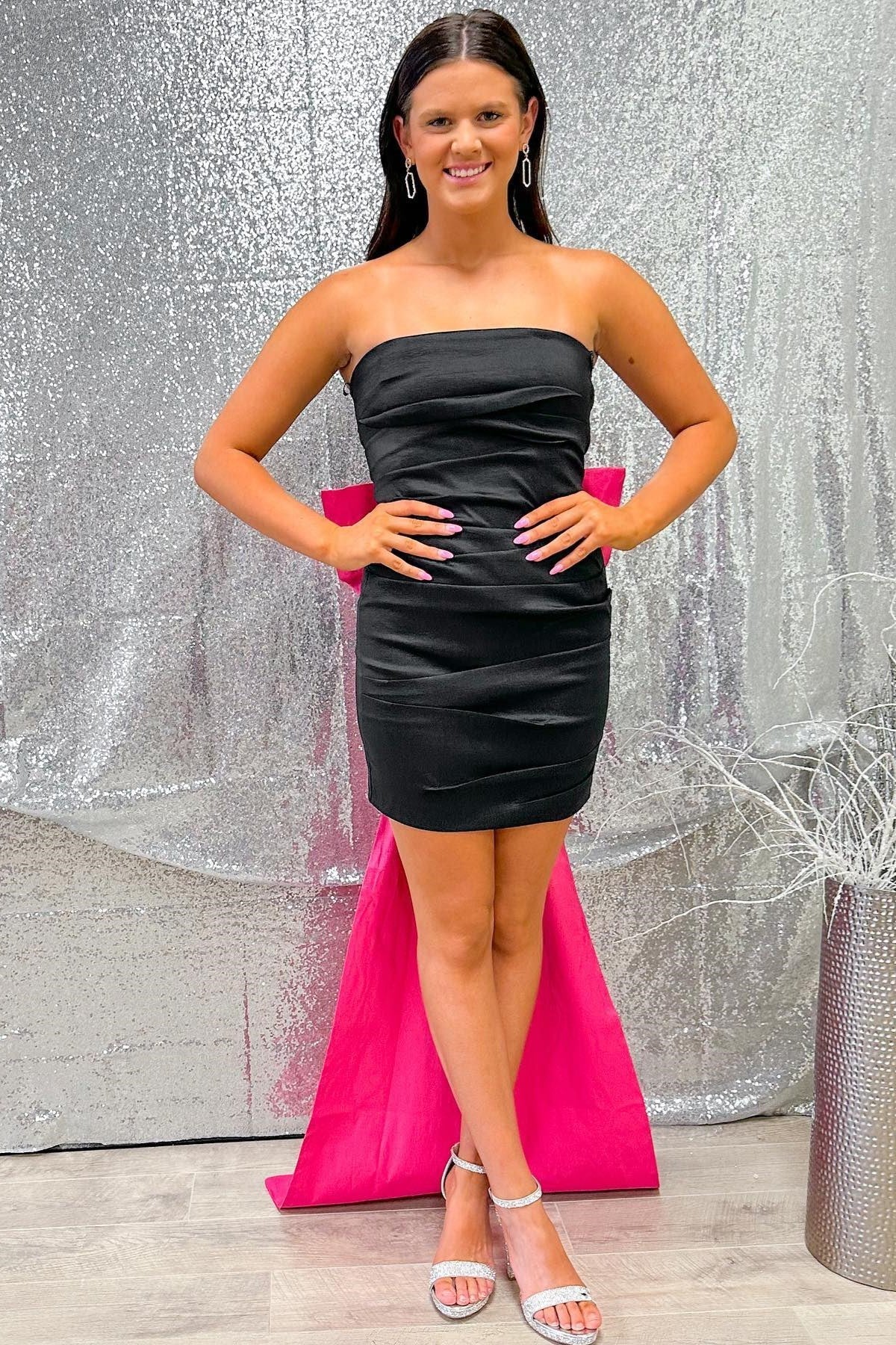 Black Strapless Sheath Homecoming Dress with Fuchsia Bow