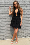 Black Halter Plunging V Neck Straps Beaded Homecoming Dress with Feathers