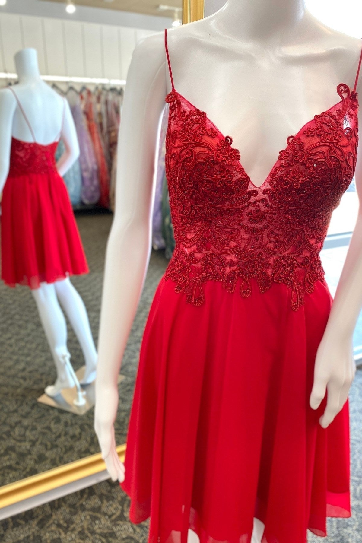strapless open back dress Red Plunging V Neck Appliques A-line Homecoming Dress – FancyVestido