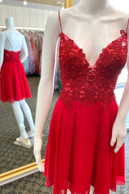 Red Plunging V Neck Appliques A-line Homecoming Dress