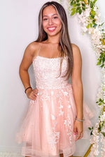 Pink Lace-Up Appliques A-line Tulle Homecoming Dress