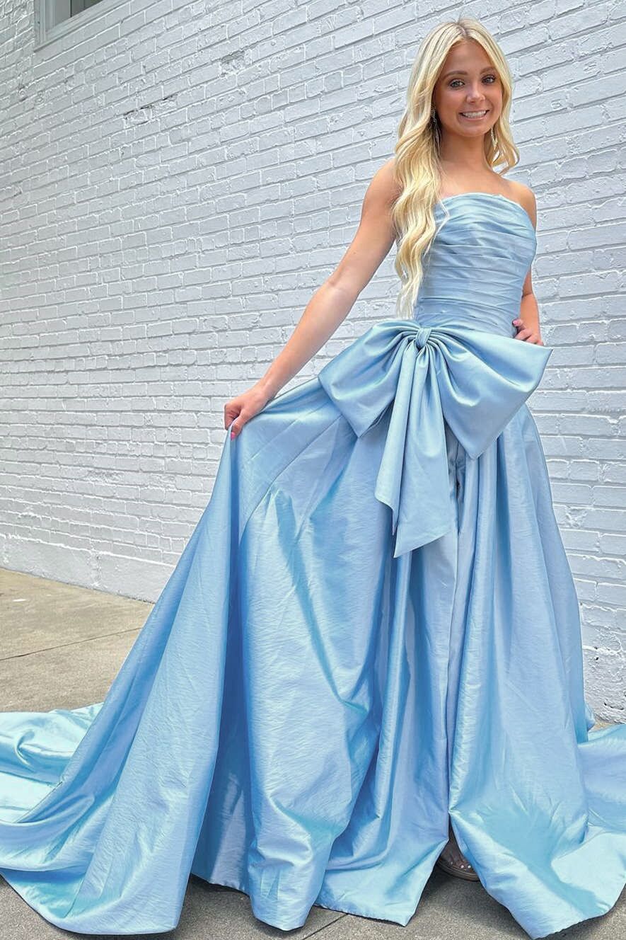 A-Line Strapless Light Blue Satin Long Prom Dress with Bow FancyVestido A-Line Strapless Light Blue Satin Long Prom Dress with Bow FancyVestido