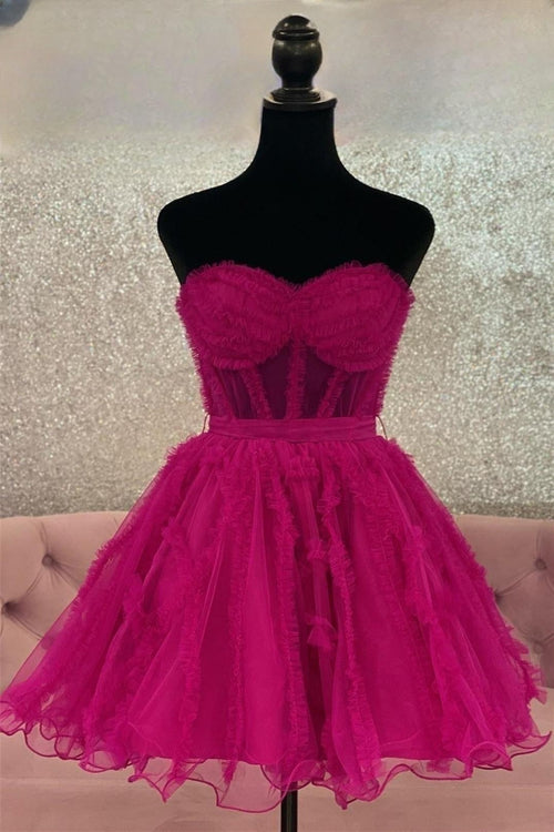 Fuchsia Strapless Ruffles A-line Tulle Homecoming Dress